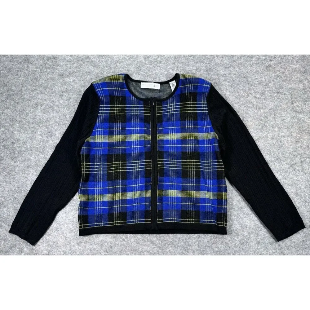 Valerie Stevens Petites Women PM Cardigan‎ Blue Plaid Full Zip 100% Wool